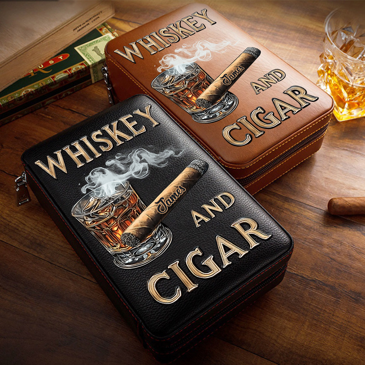 Whiskey And Cigar - Personalized Whisky Travel Cigar Humidor Case