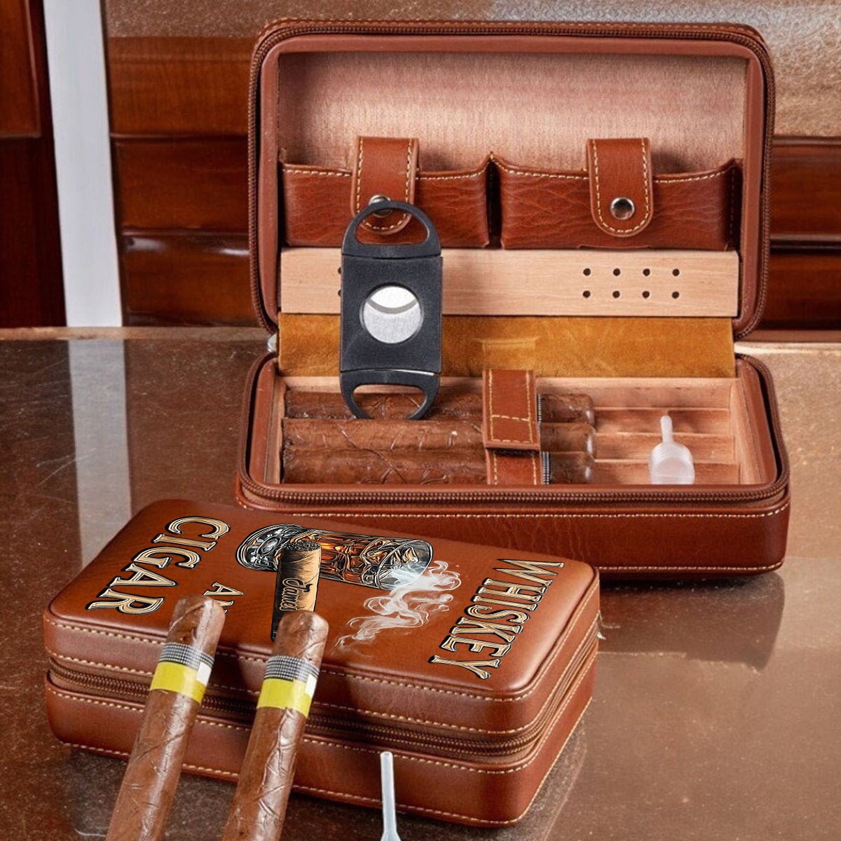 Whiskey And Cigar - Personalized Whisky Travel Cigar Humidor Case