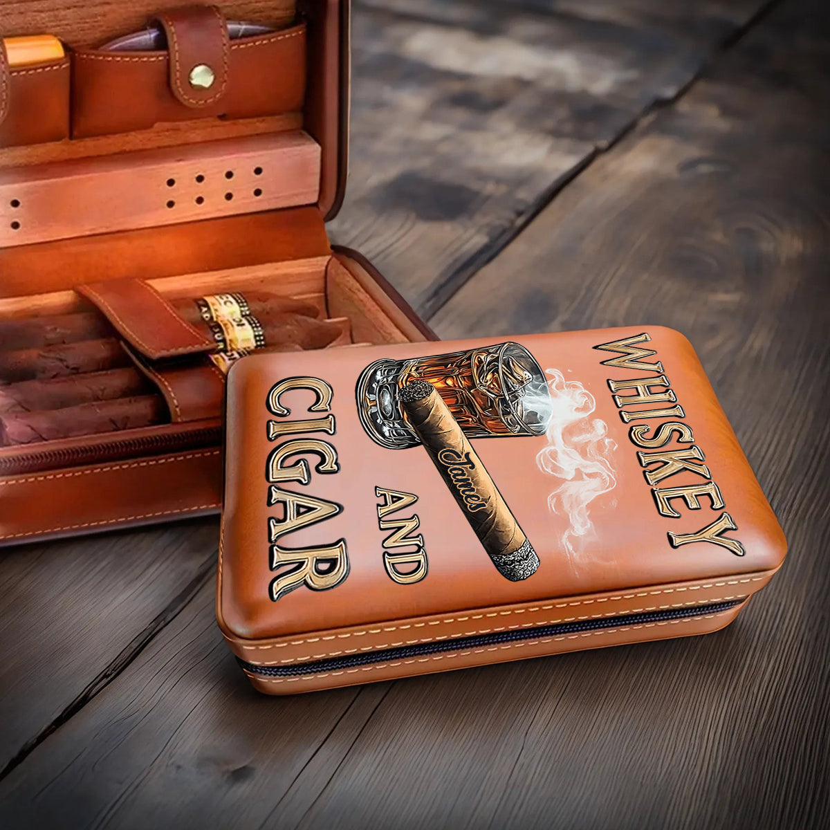 Whiskey And Cigar - Personalized Whisky Travel Cigar Humidor Case