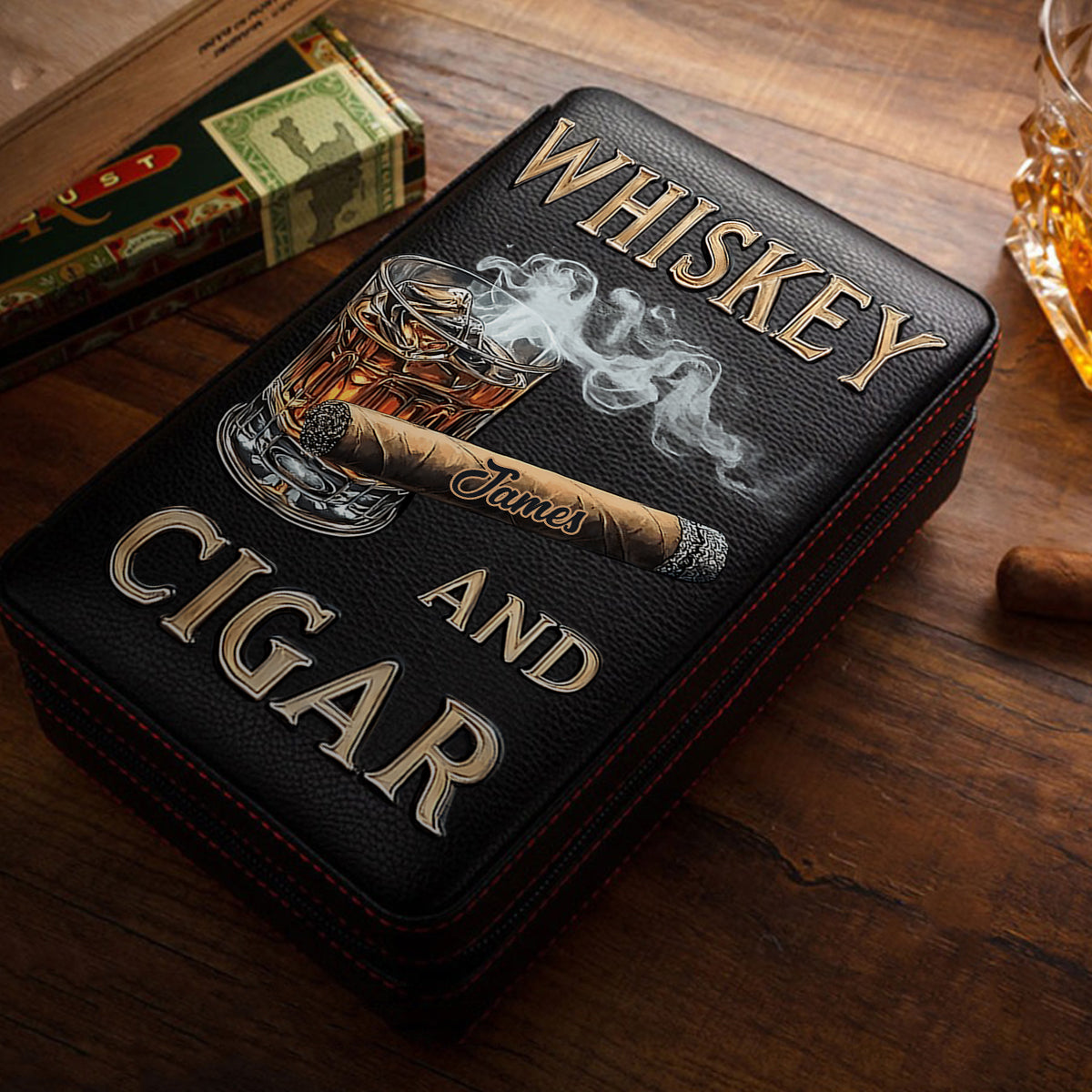 Whiskey And Cigar - Personalized Whisky Travel Cigar Humidor Case