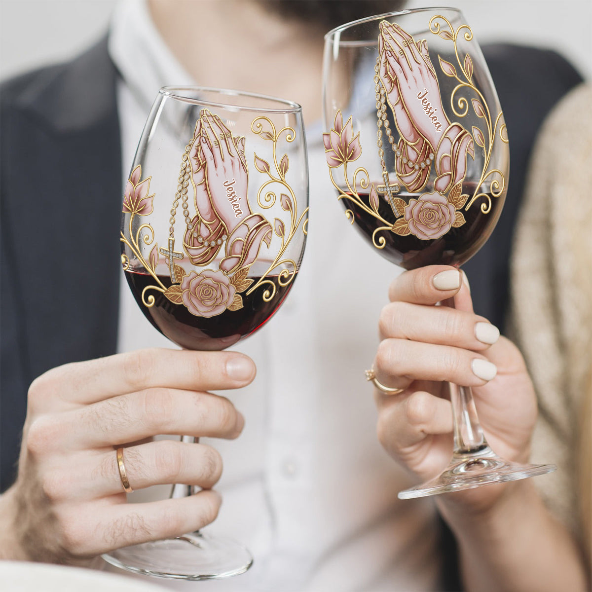 Praying Hands - Personalized Christian Wine Glass With Long Stem