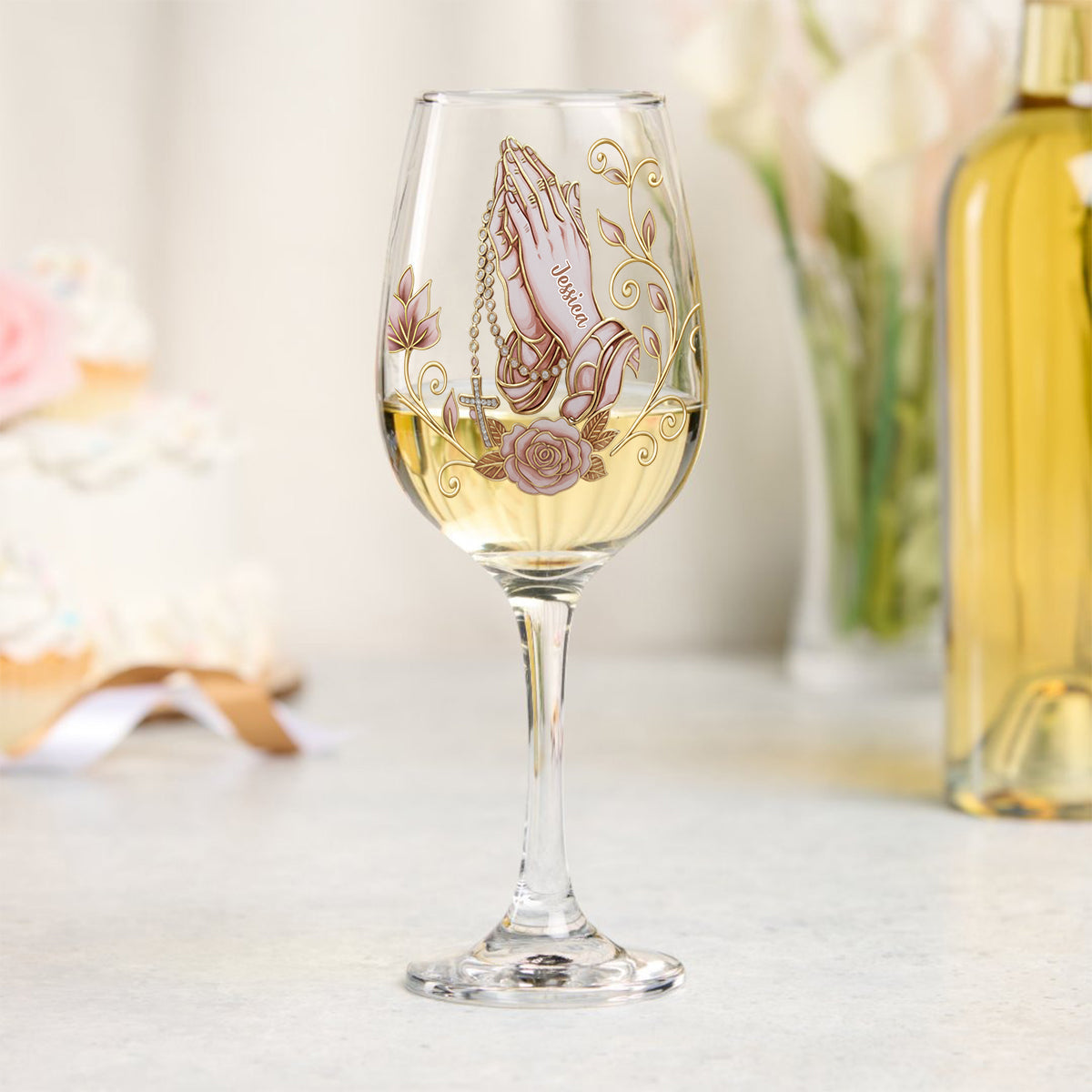 Praying Hands - Personalized Christian Wine Glass With Long Stem