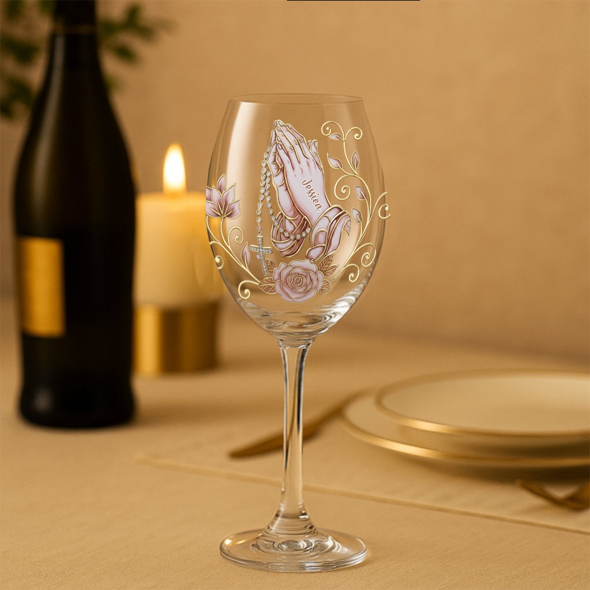 Praying Hands - Personalized Christian Wine Glass With Long Stem