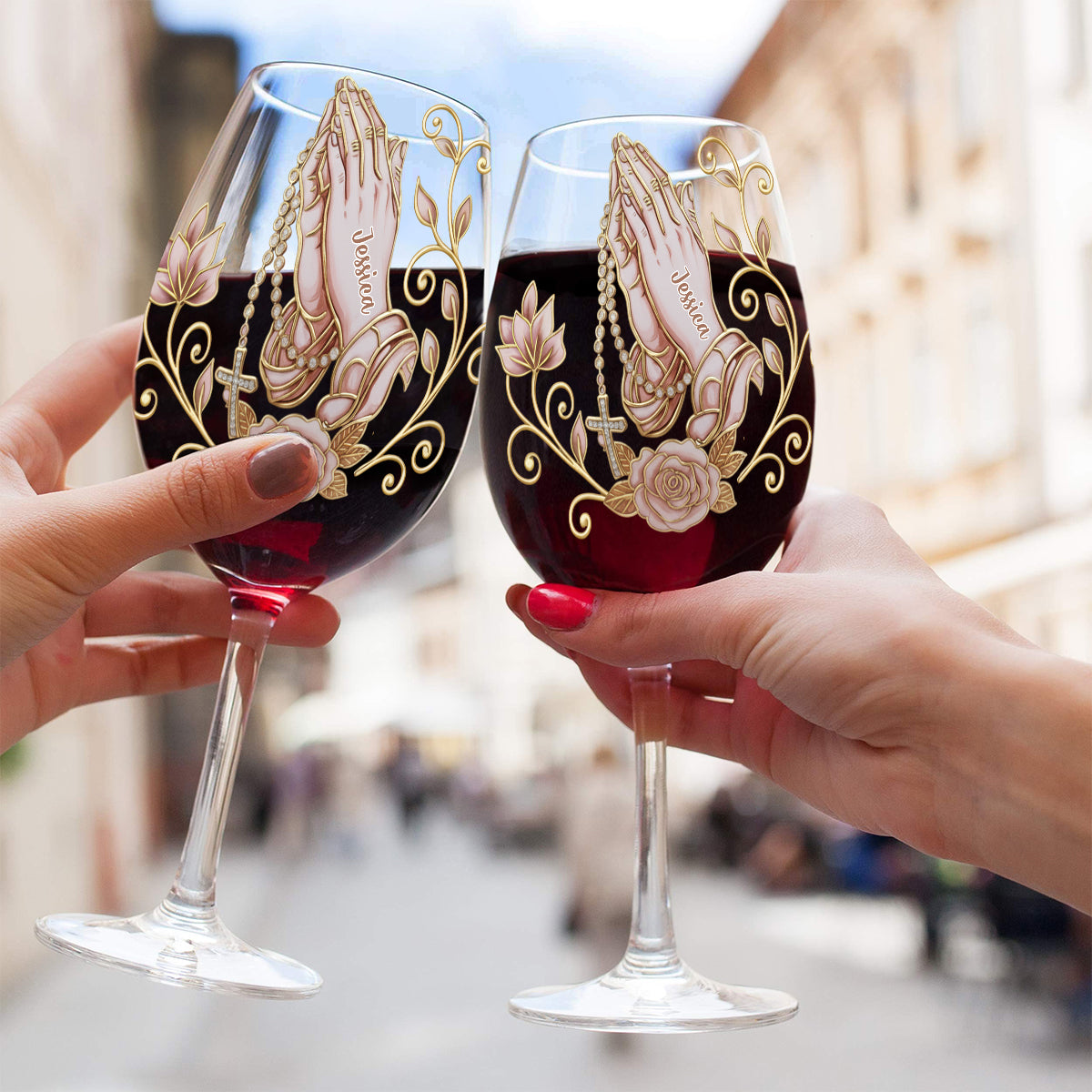 Praying Hands - Personalized Christian Wine Glass With Long Stem