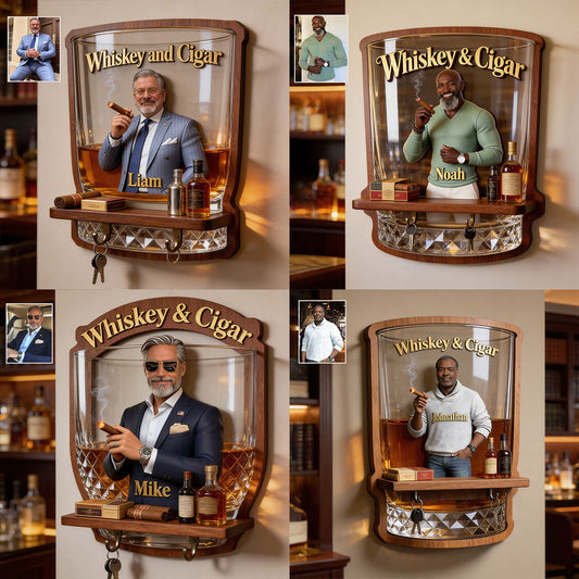 Whiskey & Cigar - Personalized Whisky Wooden Floating Shelf