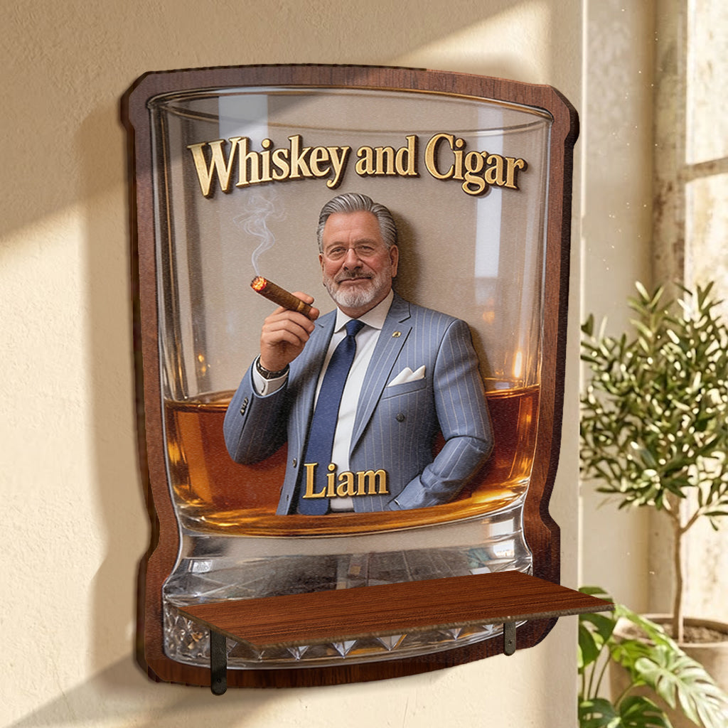 Whiskey & Cigar - Personalized Whisky Wooden Floating Shelf