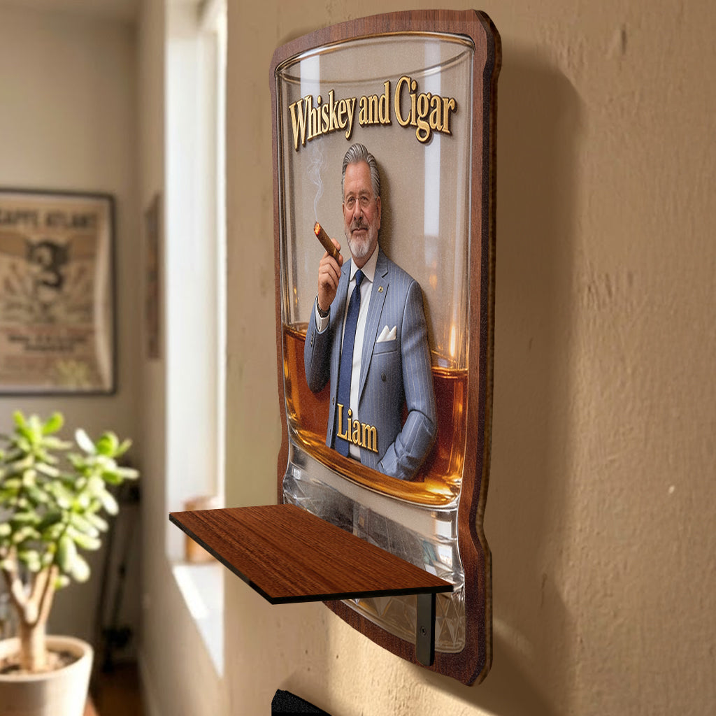 Whiskey & Cigar - Personalized Whisky Wooden Floating Shelf