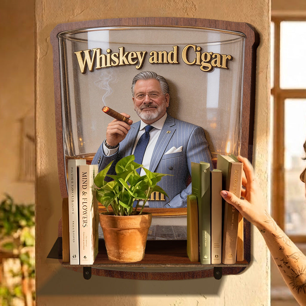 Whiskey & Cigar - Personalized Whisky Wooden Floating Shelf