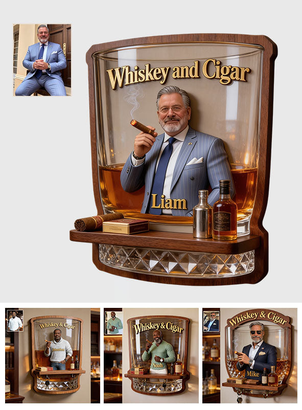 Whiskey & Cigar - Personalized Whisky Wooden Floating Shelf
