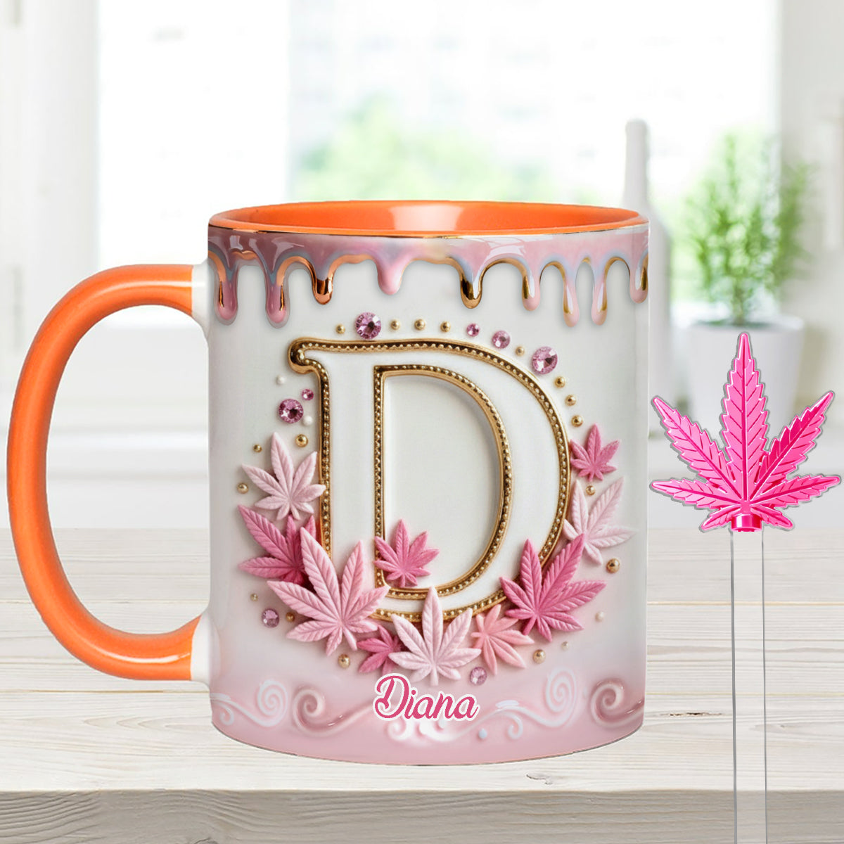 Magic Leaf, Custom Initial Mug - Personalized Weed Set Accent Mug With Acrylic Stirrers