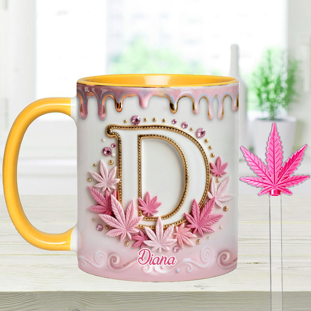 Magic Leaf, Custom Initial Mug - Personalized Weed Set Accent Mug With Acrylic Stirrers