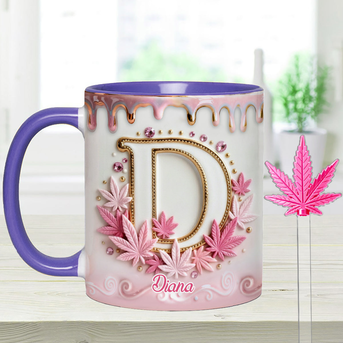 Magic Leaf, Custom Initial Mug - Personalized Weed Set Accent Mug With Acrylic Stirrers