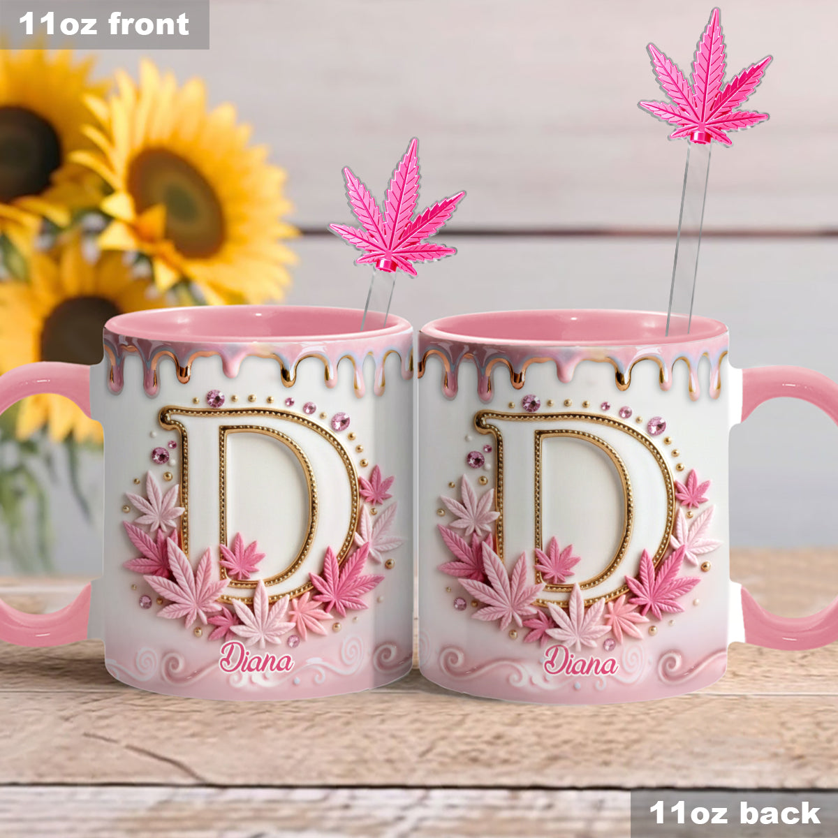 Magic Leaf, Custom Initial Mug - Personalized Weed Set Accent Mug With Acrylic Stirrers