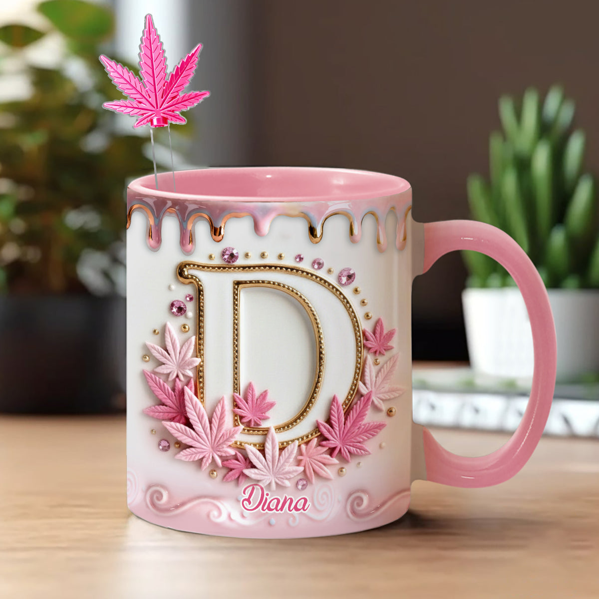 Magic Leaf, Custom Initial Mug - Personalized Weed Set Accent Mug With Acrylic Stirrers