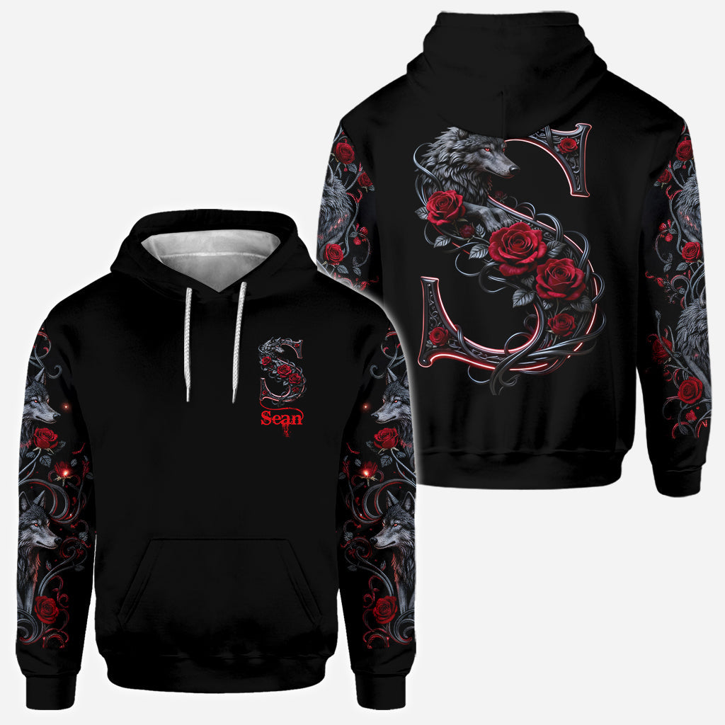 Wolf And Roses, Initial Customize - Personalized Wolf All Over Shirt