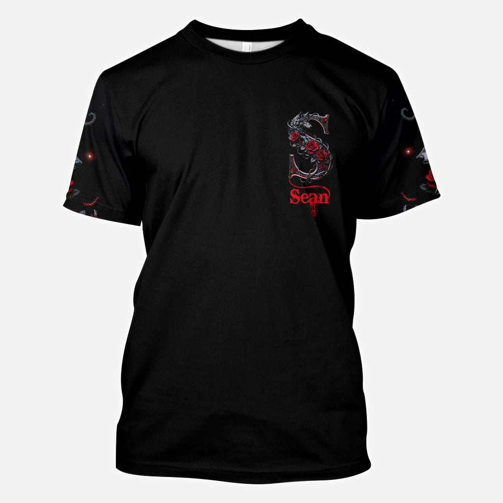 Wolf And Roses, Initial Customize - Personalized Wolf All Over Shirt