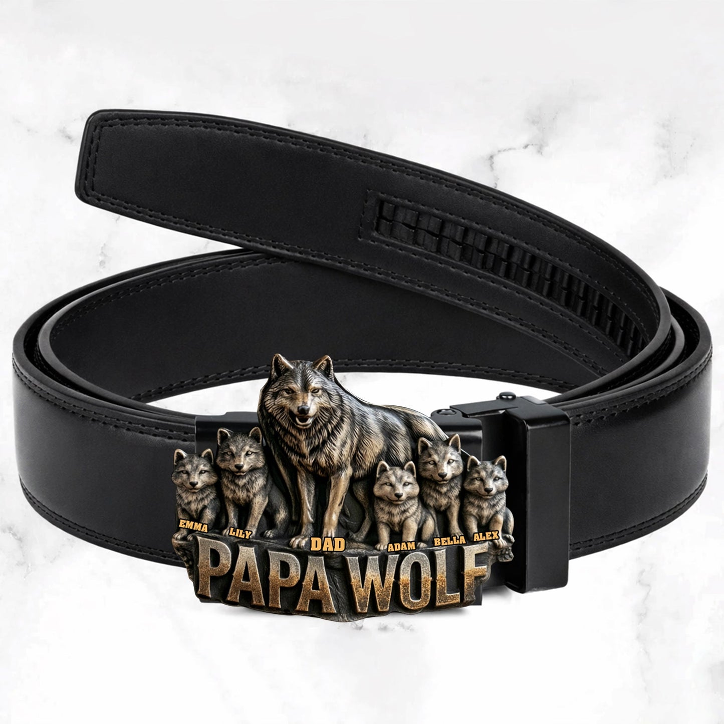 Papa Wolf Gift For Father Grandfather - Personalized Father Leather Belt With Shaped Buckle