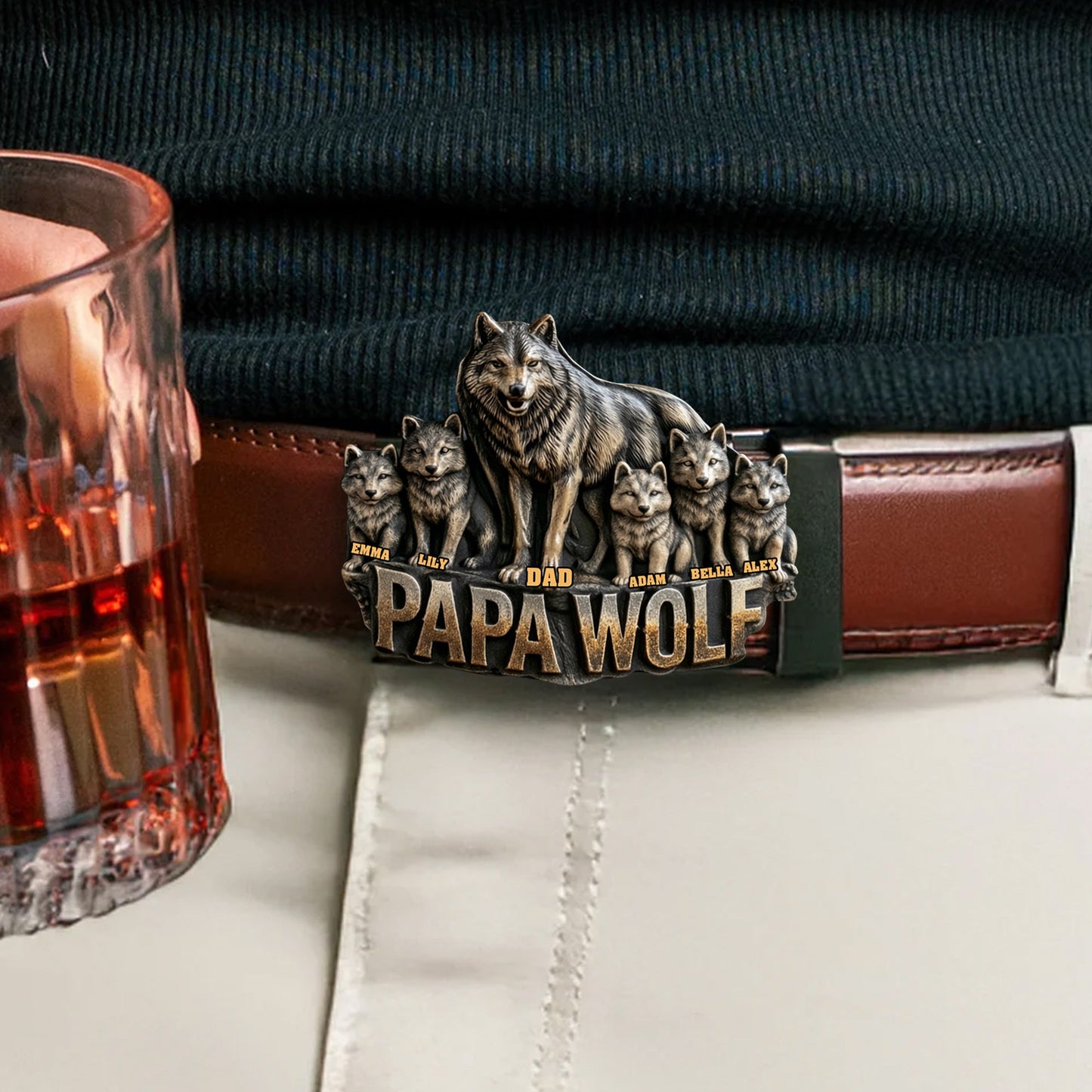 Papa Wolf Gift For Father Grandfather - Personalized Father Leather Belt With Shaped Buckle