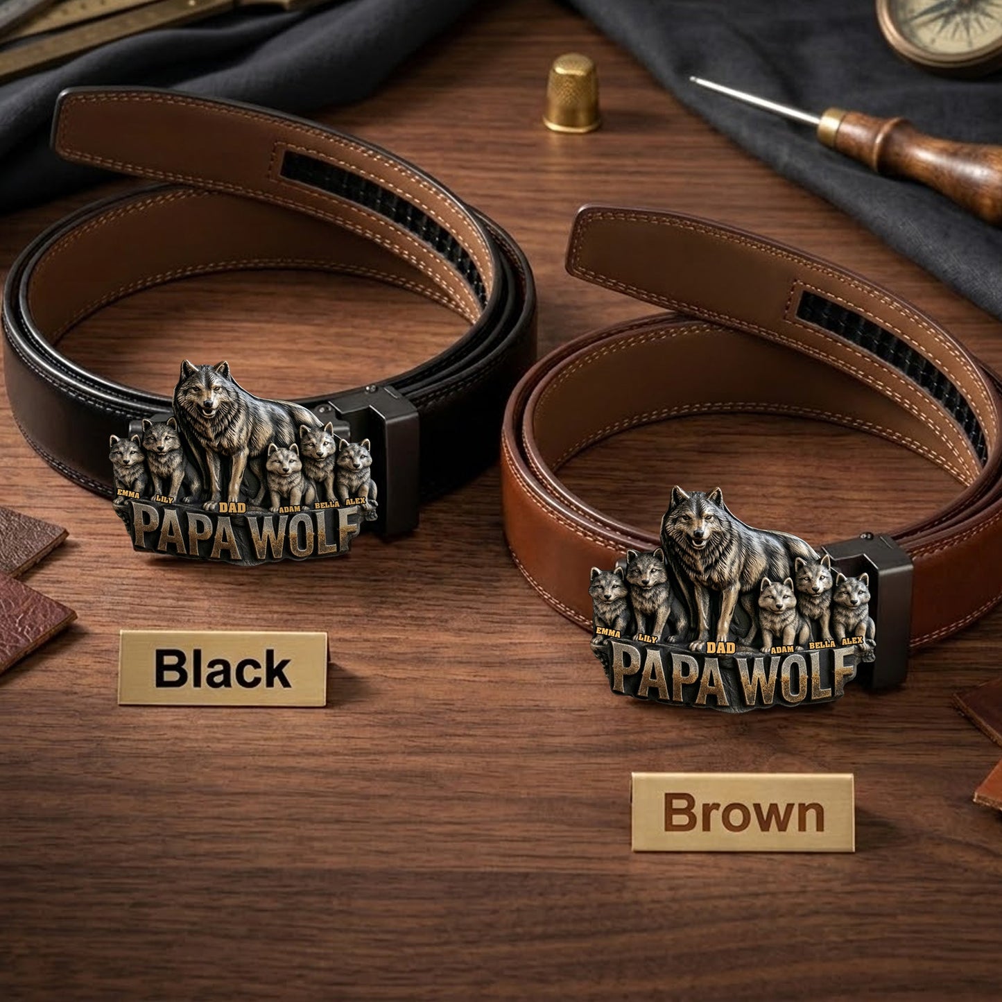 Papa Wolf Gift For Father Grandfather - Personalized Father Leather Belt With Shaped Buckle