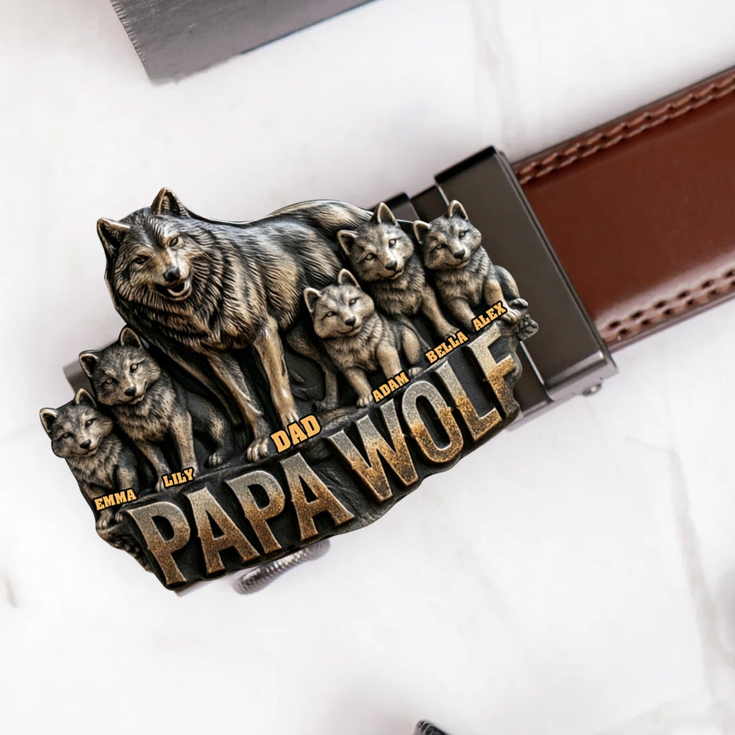 Papa Wolf Gift For Father Grandfather - Personalized Father Leather Belt With Shaped Buckle