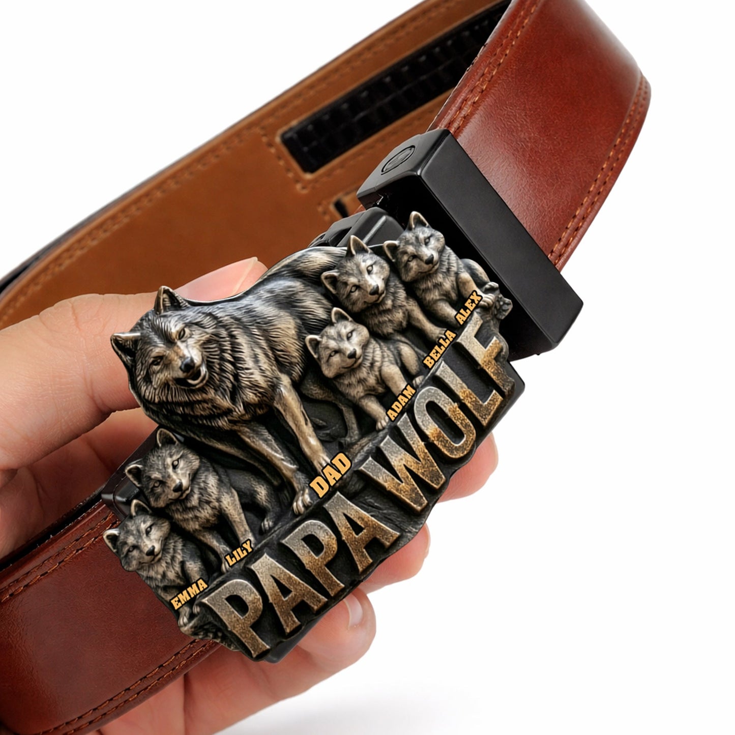 Papa Wolf Gift For Father Grandfather - Personalized Father Leather Belt With Shaped Buckle