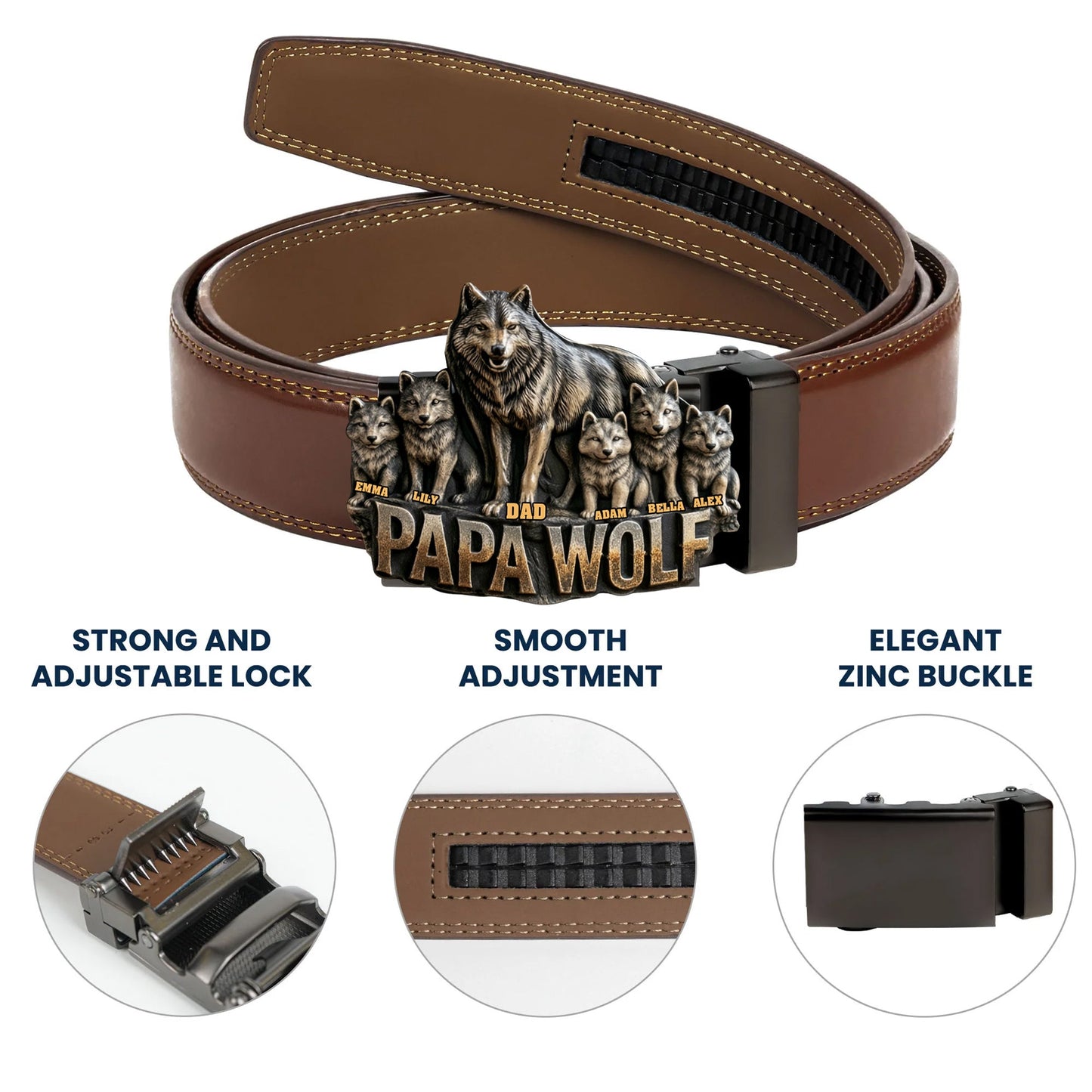 Papa Wolf Gift For Father Grandfather - Personalized Father Leather Belt With Shaped Buckle