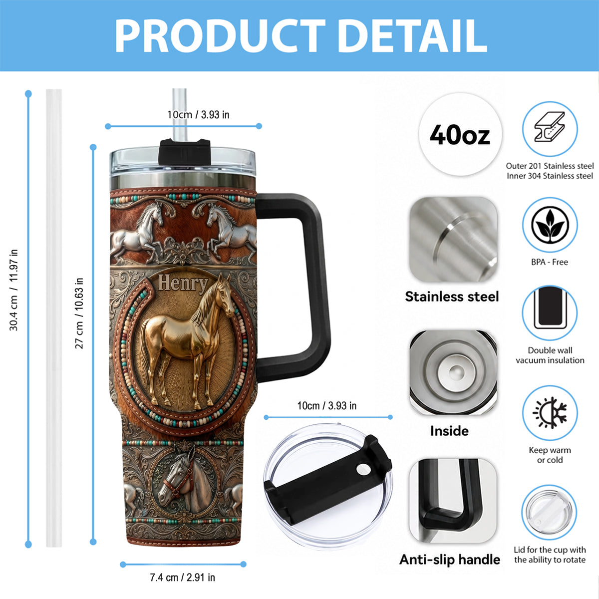 Love Horses - Personalized Horse Tumbler With Plush Charm