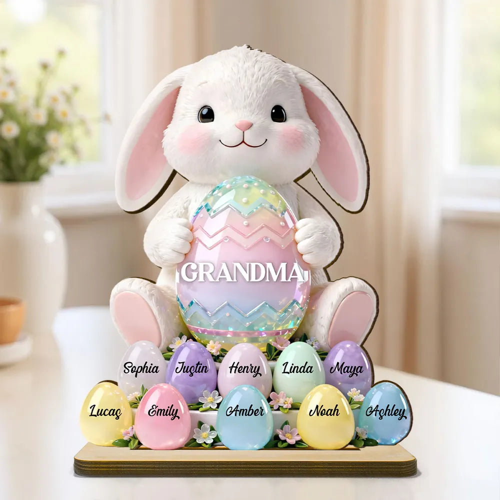 2-Layer Wooden Plaque Personalized for Grandma - Cute Bunny with Pastel Eggs Easter Decor, Heartwarming Custom Gift