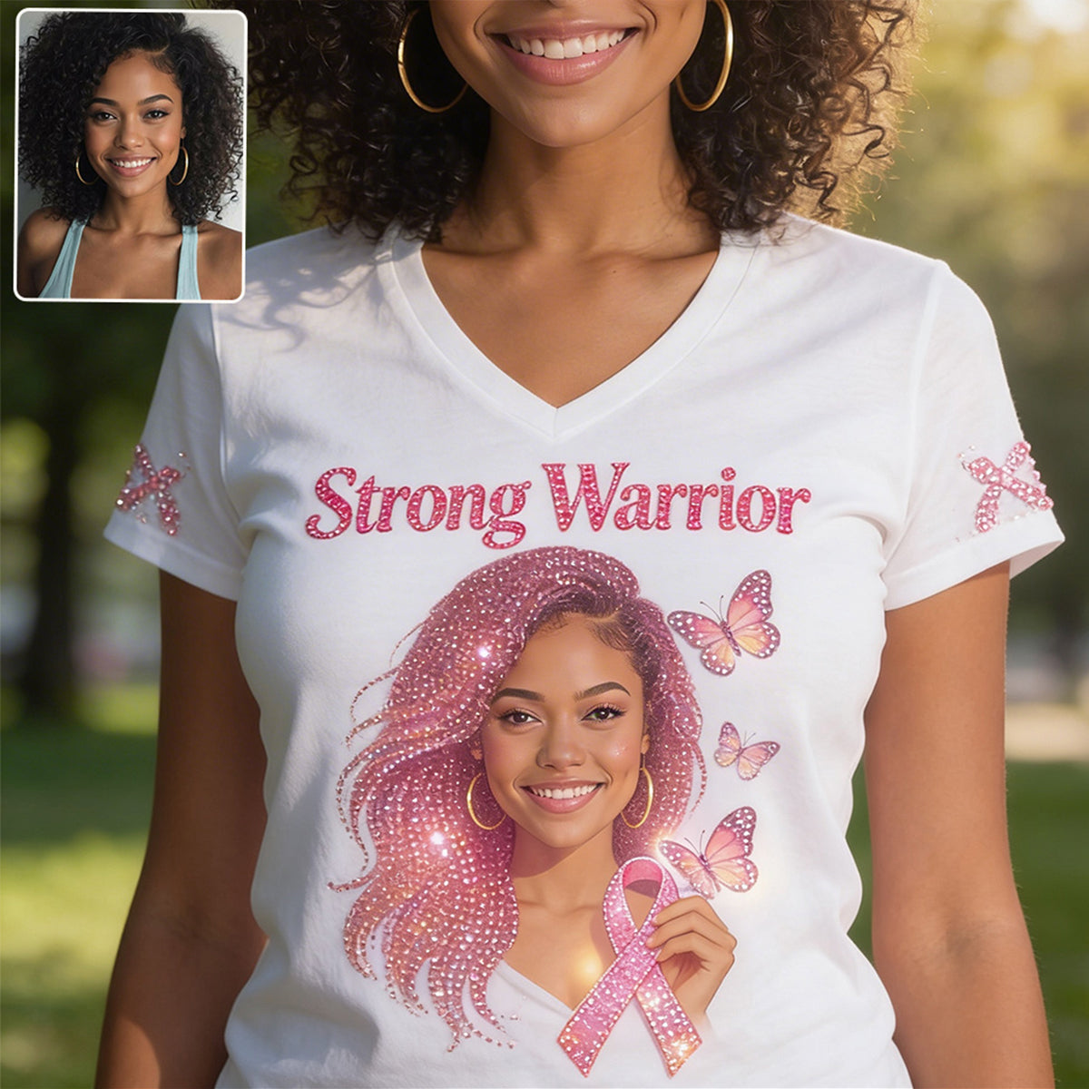 Strong Warriors - Personalized Breast Cancer Awareness Fully Printed V-Neck T-Shirt