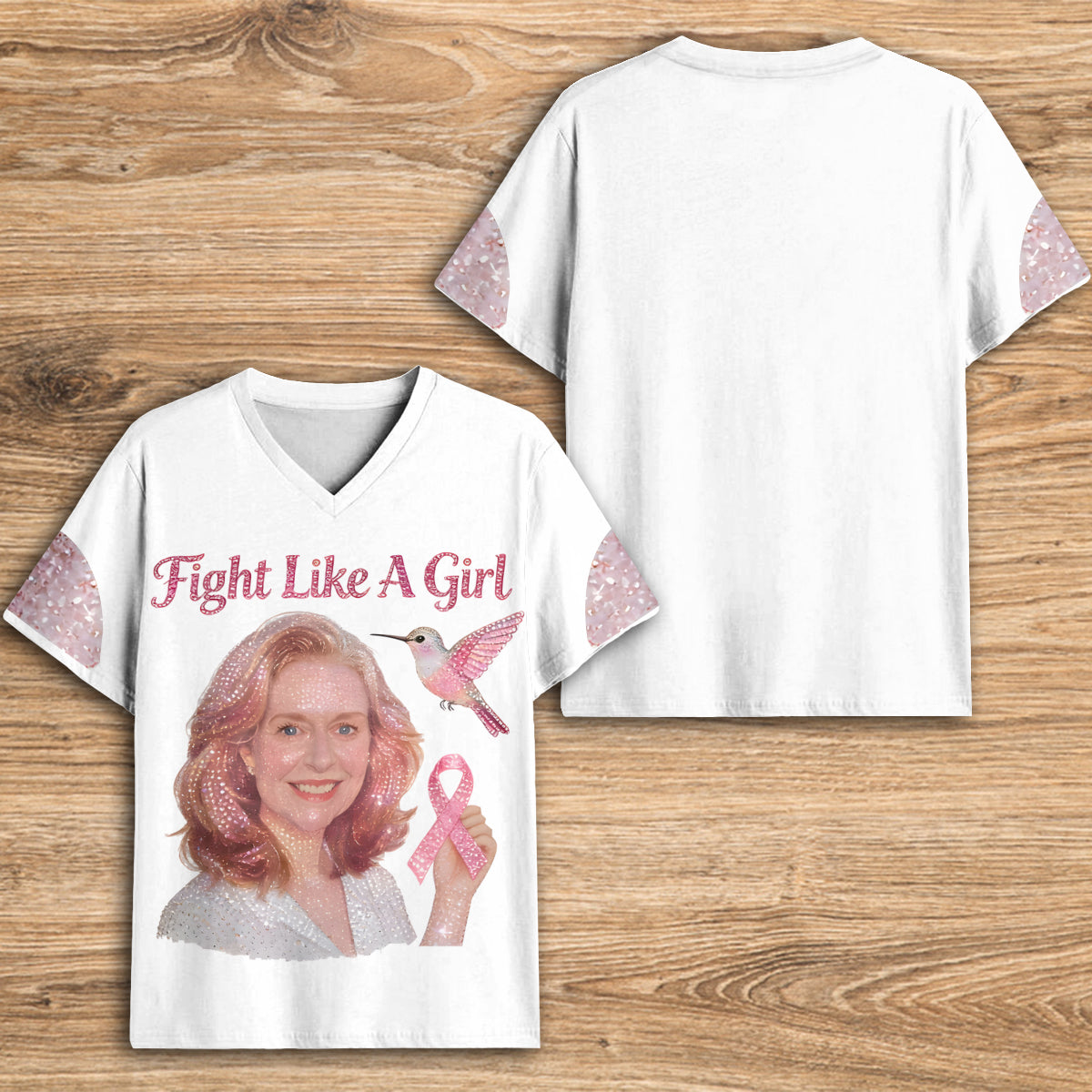 Strong Warriors - Personalized Breast Cancer Awareness Fully Printed V-Neck T-Shirt
