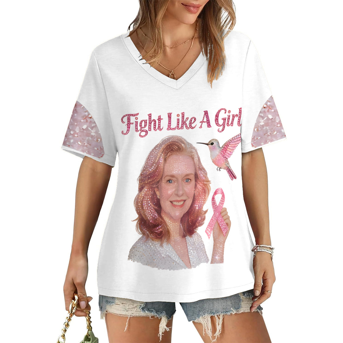 Strong Warriors - Personalized Breast Cancer Awareness Fully Printed V-Neck T-Shirt