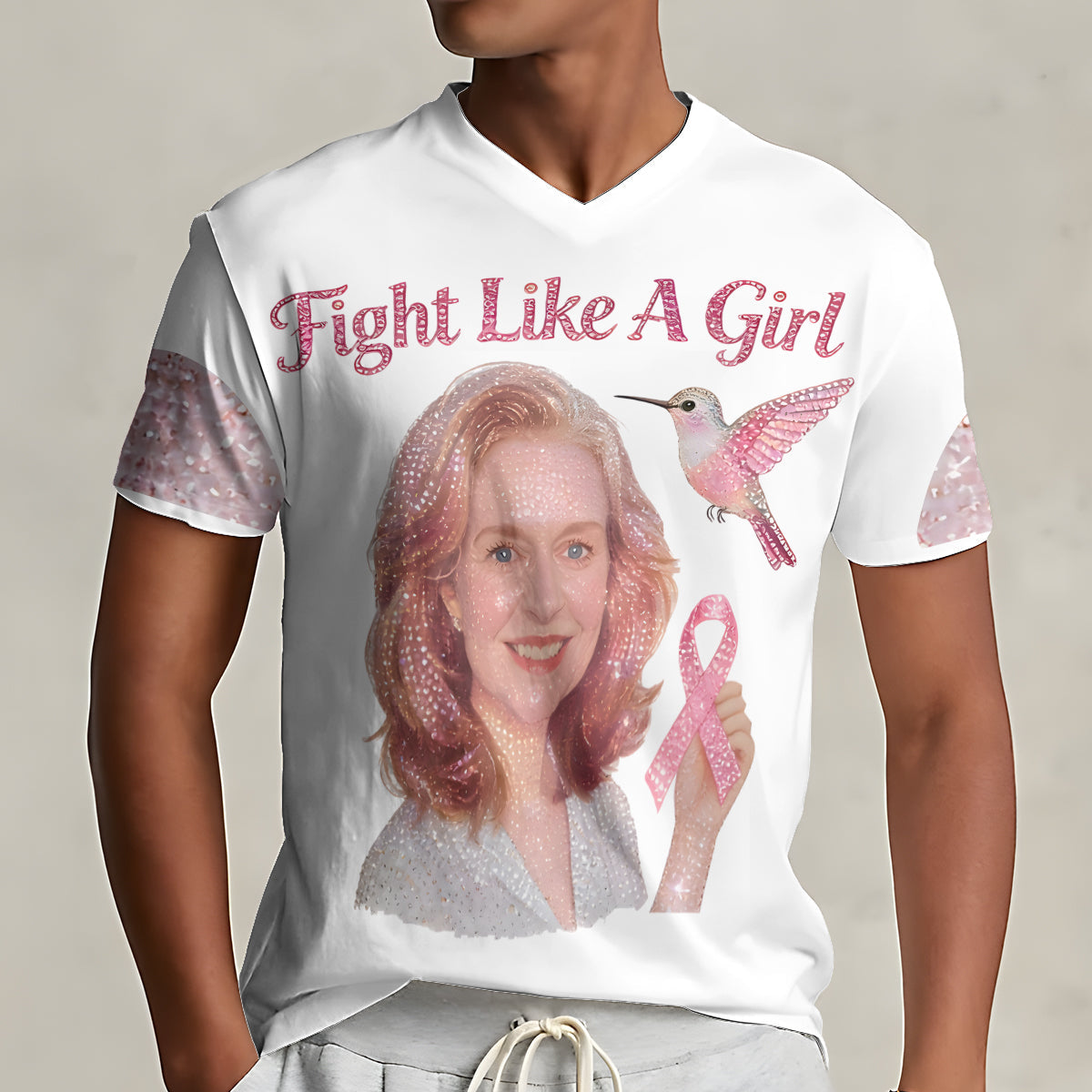 Strong Warriors - Personalized Breast Cancer Awareness Fully Printed V-Neck T-Shirt