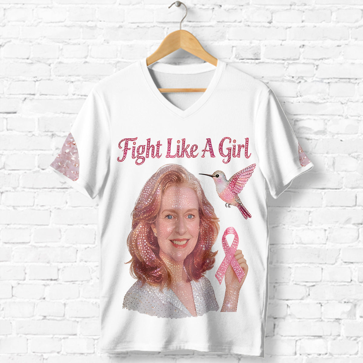Strong Warriors - Personalized Breast Cancer Awareness Fully Printed V-Neck T-Shirt