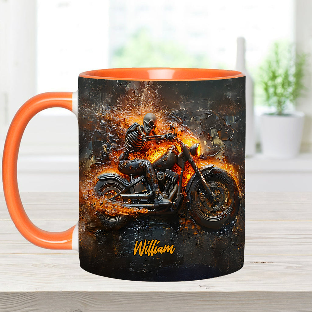 Skeleton Riding Flaming Motorcycle - Personalized Biker Accent Mug