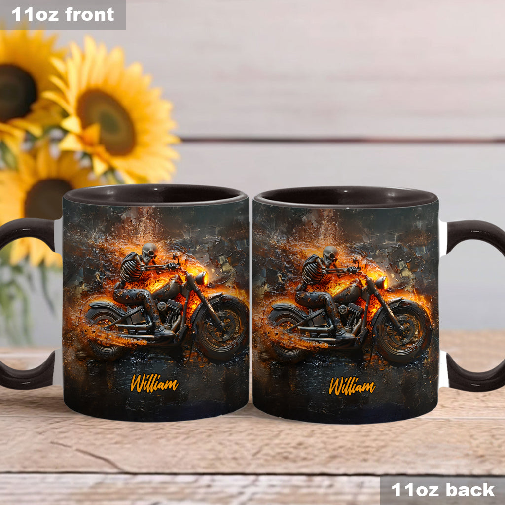 Skeleton Riding Flaming Motorcycle - Personalized Biker Accent Mug
