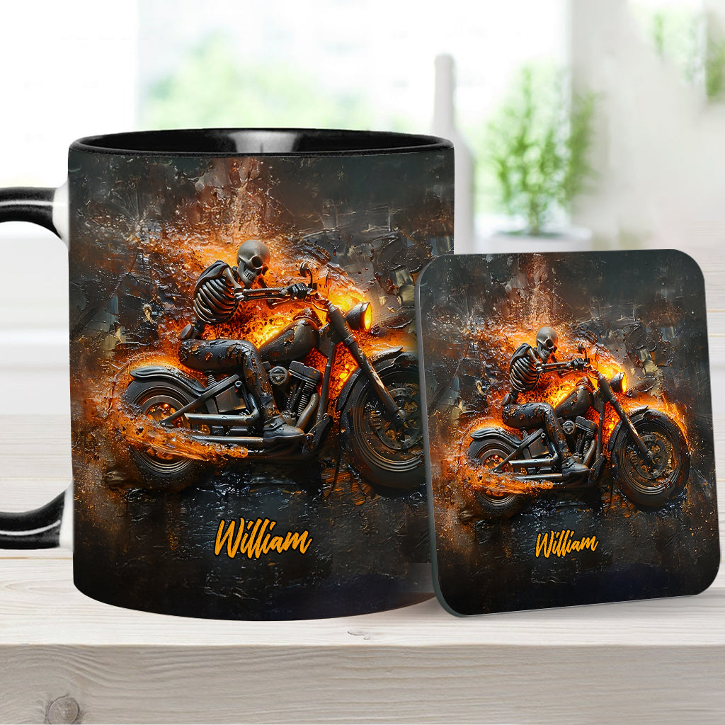 Skeleton Riding Flaming Motorcycle - Personalized Biker Accent Mug