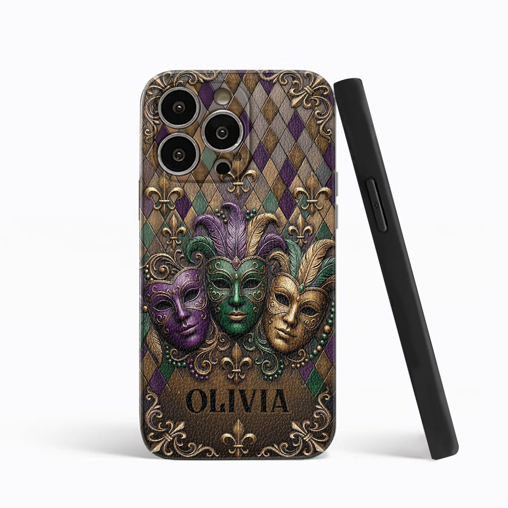 Mardi Gras Fleur de Lis - Personalized Mardi Gras Leather Phone Case