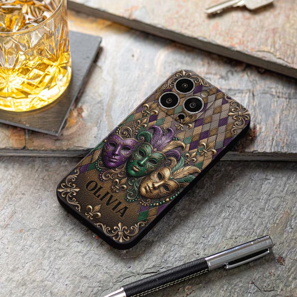 Mardi Gras Fleur de Lis - Personalized Mardi Gras Leather Phone Case