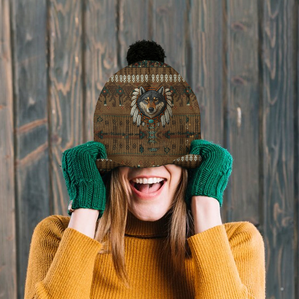 Native American Wolf - Personalized American Indian Beanie Hat