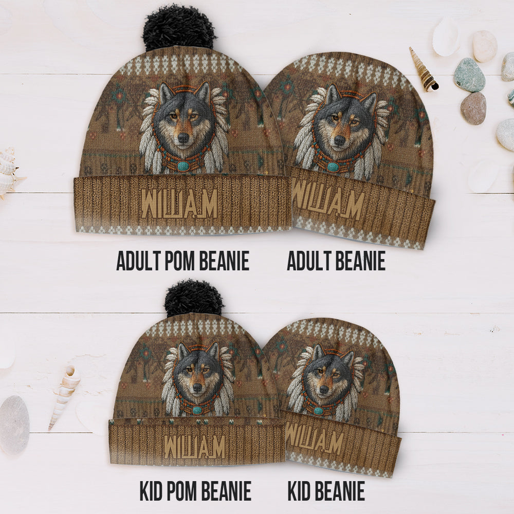 Native American Wolf - Personalized American Indian Beanie Hat