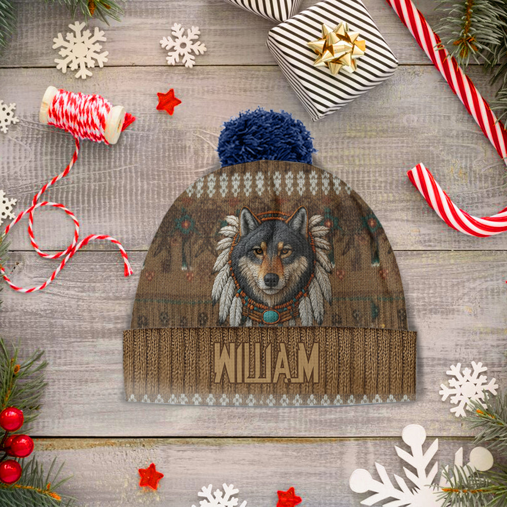 Native American Wolf - Personalized American Indian Beanie Hat