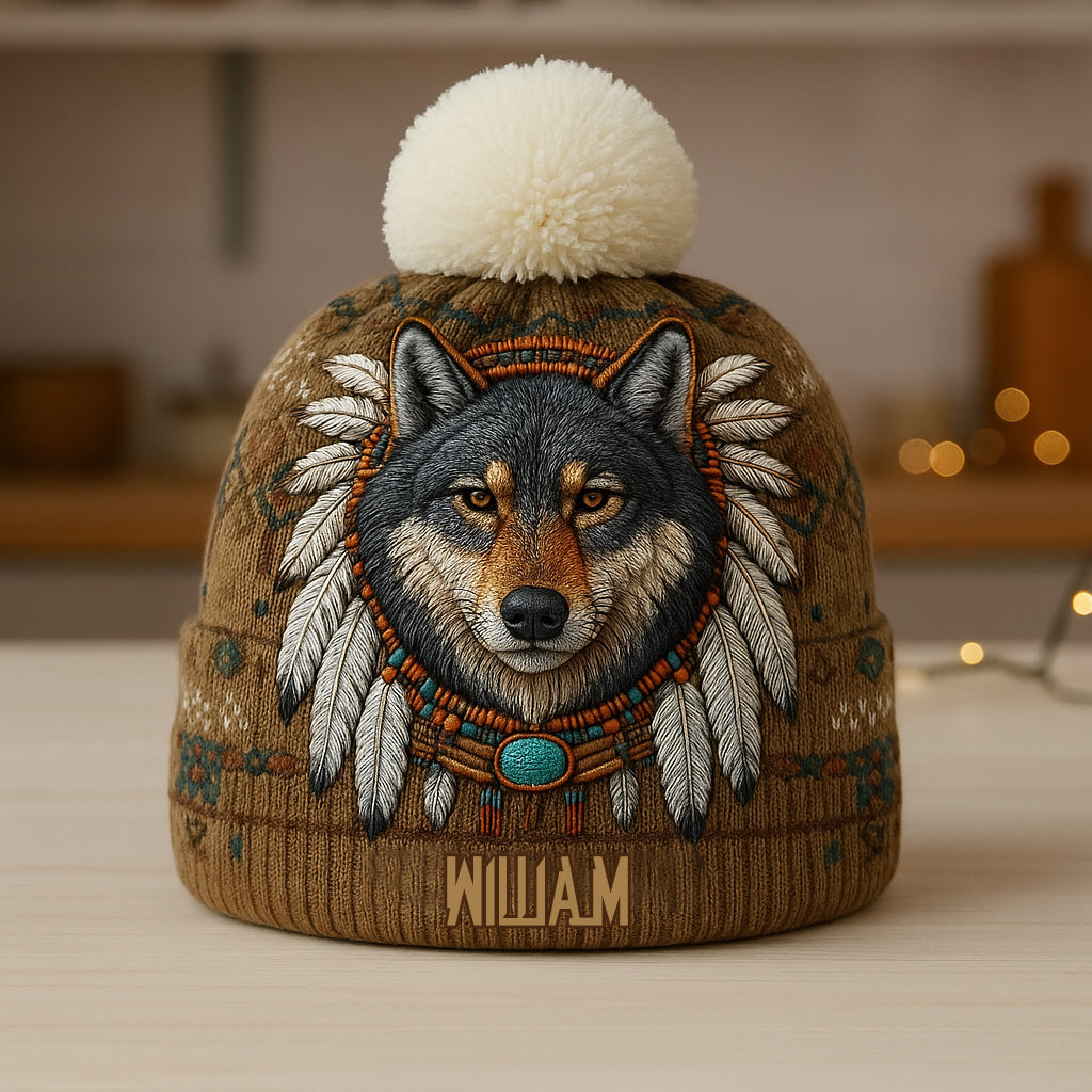 Native American Wolf - Personalized American Indian Beanie Hat