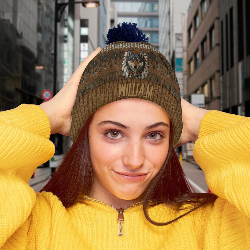 Native American Wolf - Personalized American Indian Beanie Hat