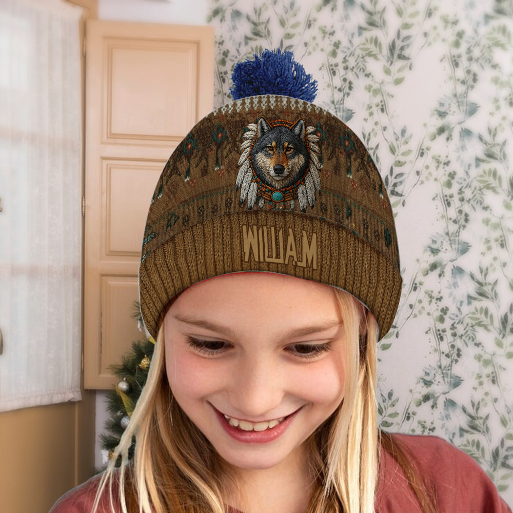 Native American Wolf - Personalized American Indian Beanie Hat