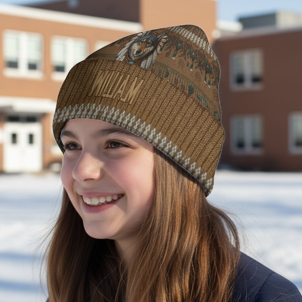 Native American Wolf - Personalized American Indian Beanie Hat
