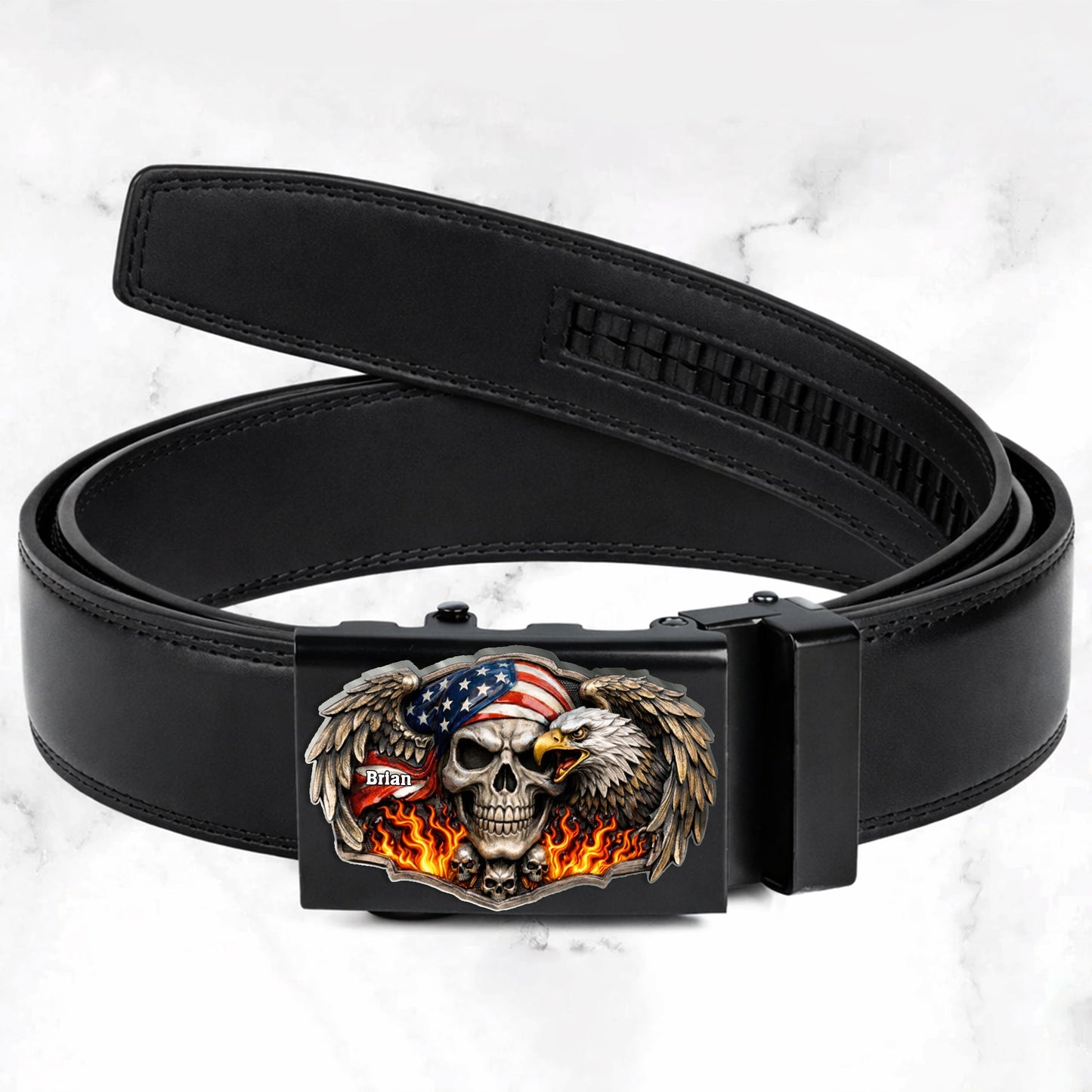 Skull American Eagle - Personalized Skull Leather Belt With Shaped Buckle