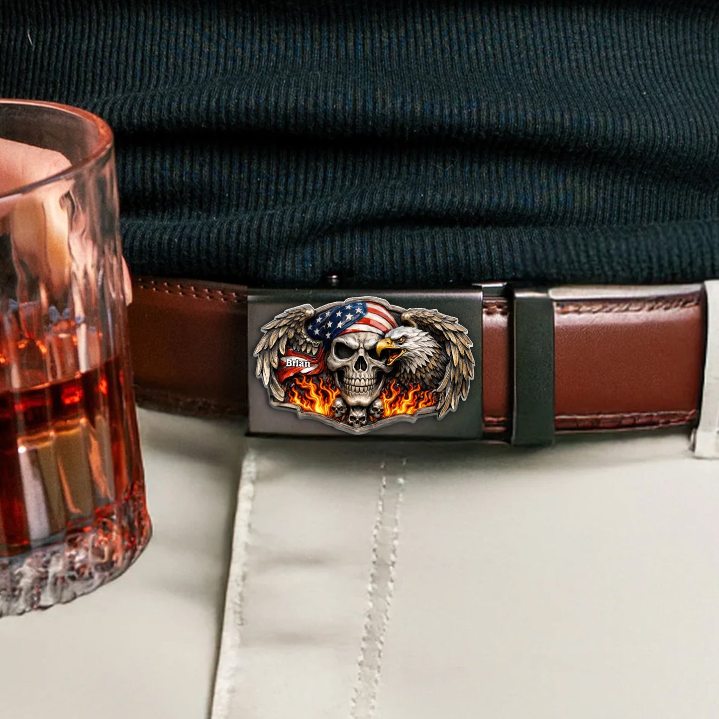 Skull American Eagle - Personalized Skull Leather Belt With Shaped Buckle