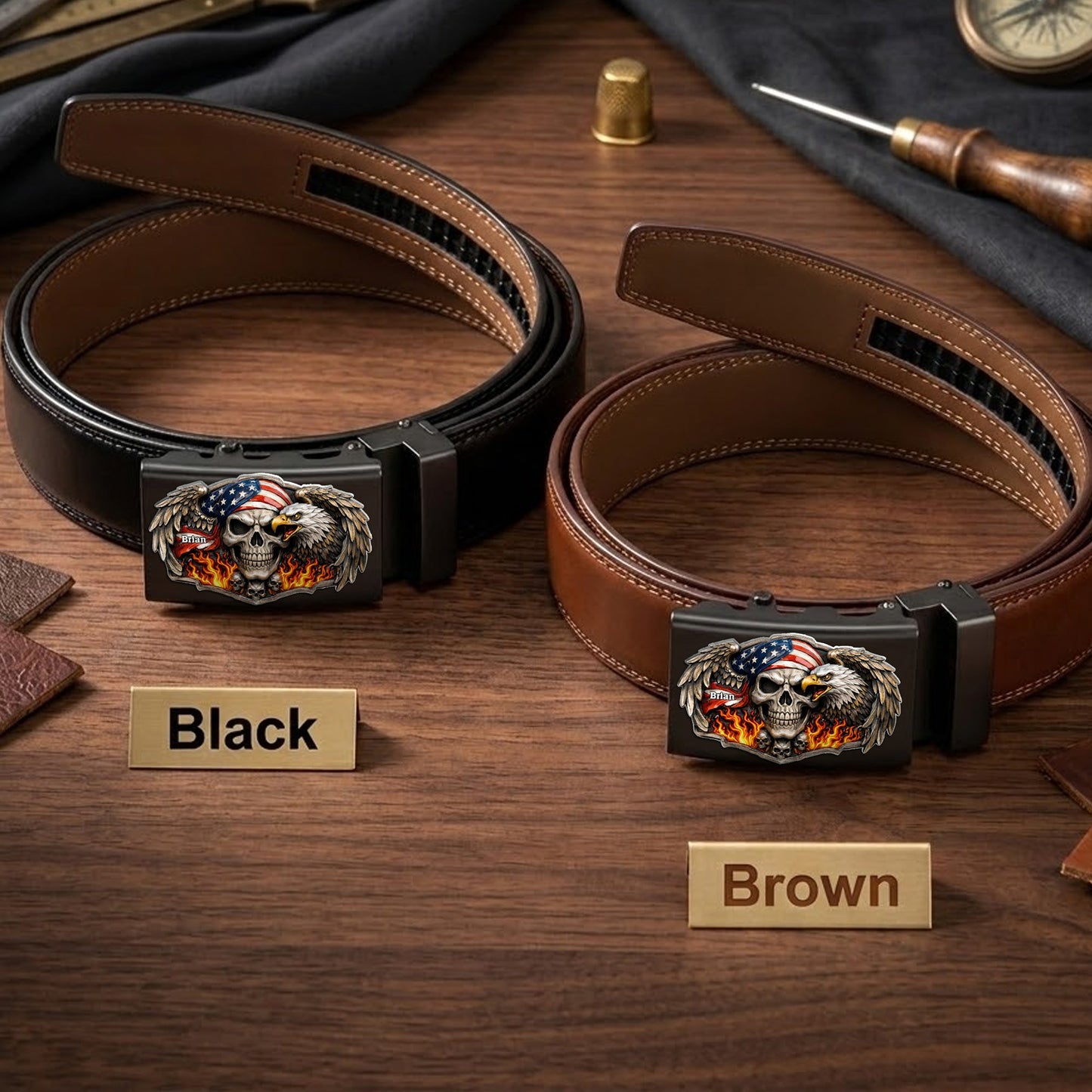 Skull American Eagle - Personalized Skull Leather Belt With Shaped Buckle