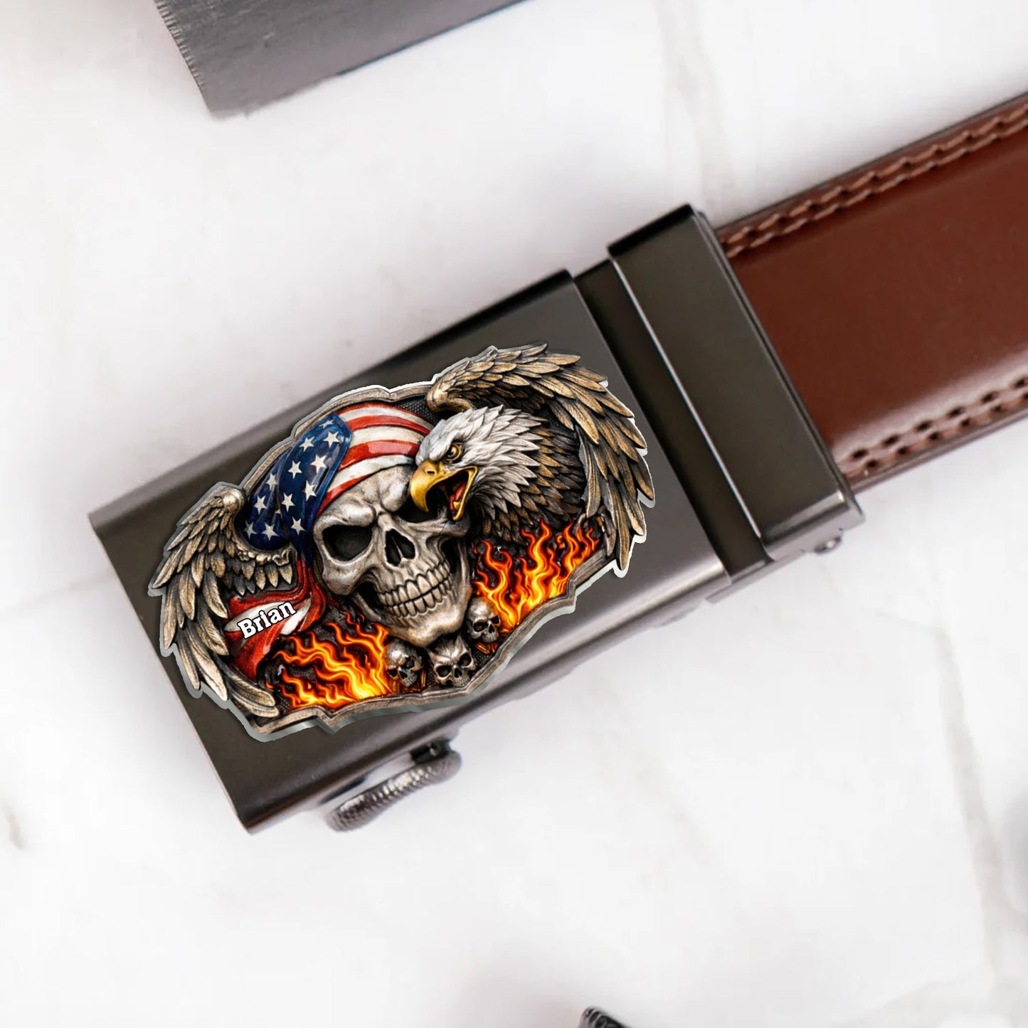 Skull American Eagle - Personalized Skull Leather Belt With Shaped Buckle