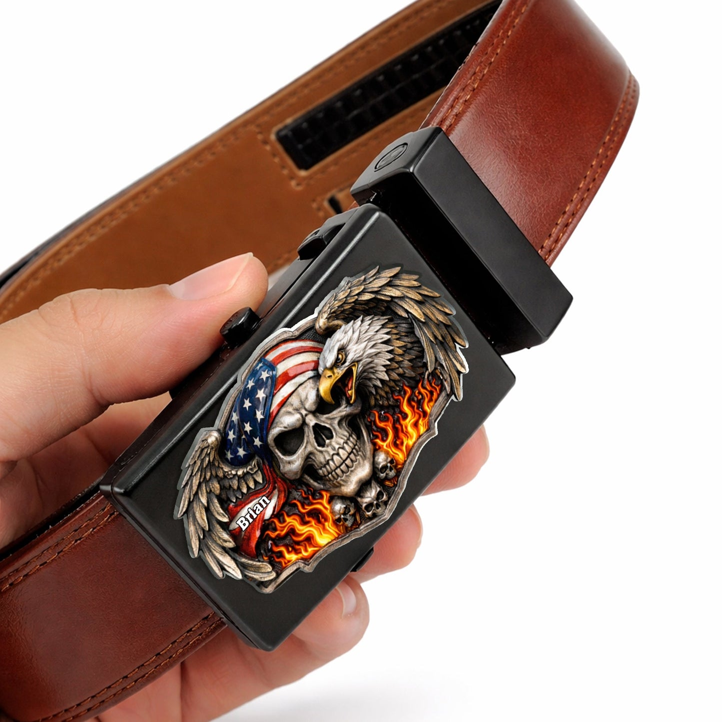 Skull American Eagle - Personalized Skull Leather Belt With Shaped Buckle